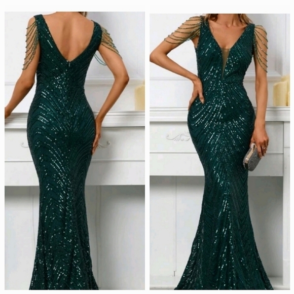 Dark Green, Sleeveless  Deep V Neck,  Rhinestone Draped,  Contras Sequin… - Picture 3 of 16
